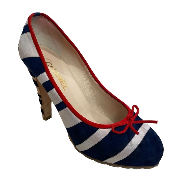 CHANEL Multicolor Suede CC Stripes Cork Heel Pumps EU 41 US 10 - Picture 2 of 14